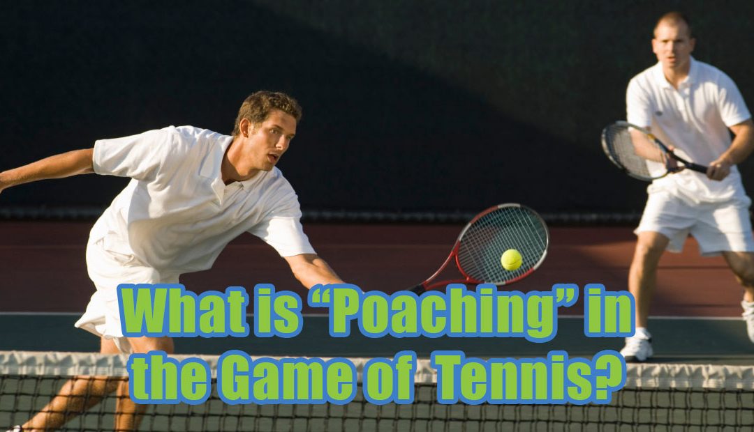 Two male tennis players playing doubles game where one guy steals a shot aimed at his opponent